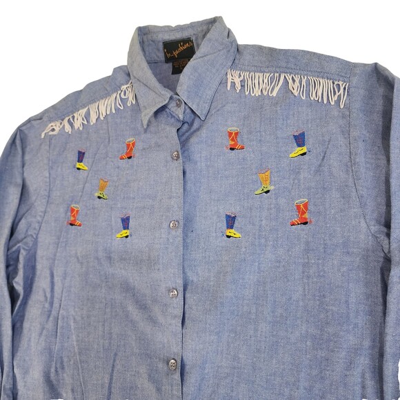 In Fashion Tops - VTG Chambray Western Shirt Embroidered Boots Size Large #1450